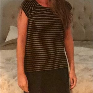 Bailey44 Dress striped w faux leather bottom.